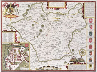 Leicester, kaiverrus Jodocus Hondius (1563-1612) John Speedin "Theatre of the Empire of Great Britain", pub. John Sudbury ja George Humble, 1611-12 (käsinvärjätty kuparikaiverrus)